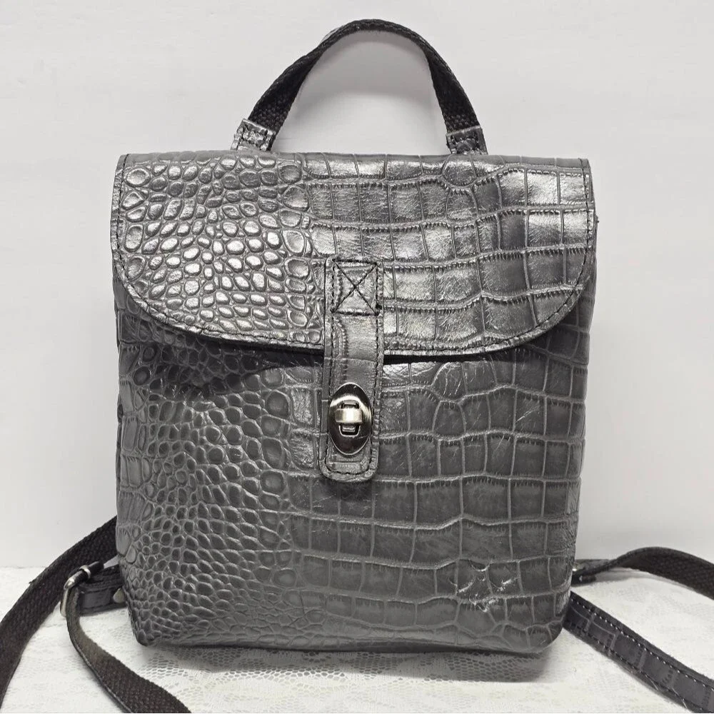 Patricia Nash Davoli Genuine Smokey Gray Croco Leather Convertible Backpack